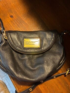 Marc By Marc Jacobs Black Leather Crossbody with Gold Tone Plaque